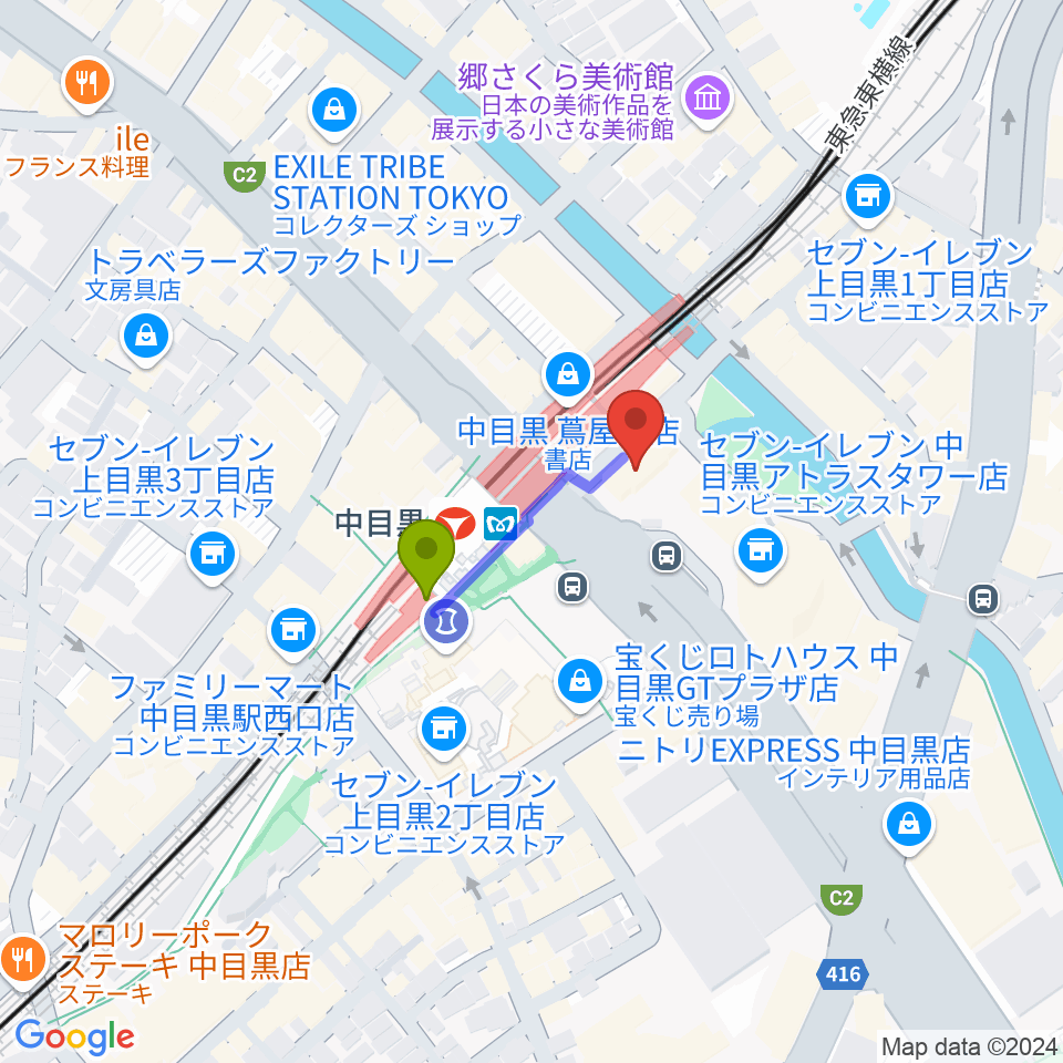 中目黒音楽センター ヤマハミュージックの最寄駅中目黒駅からの徒歩ルート（約2分）地図