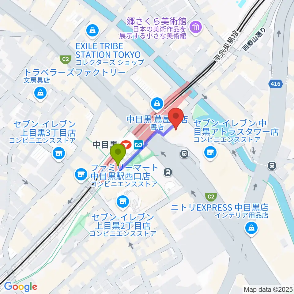 中目黒音楽センター ヤマハミュージックの最寄駅中目黒駅からの徒歩ルート（約2分）地図