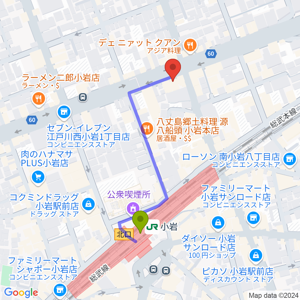 オルフェウスレコーディングスタジオ小岩店の最寄駅小岩駅からの徒歩ルート（約4分）地図