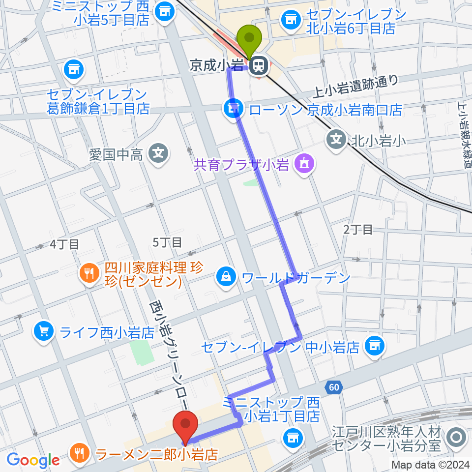 京成小岩駅からオルフェウスレコーディングスタジオ小岩店へのルートマップ地図