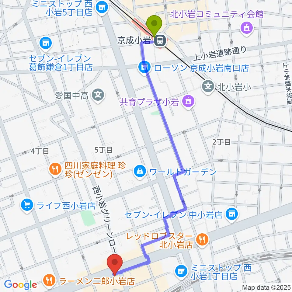 京成小岩駅からオルフェウスレコーディングスタジオ小岩店へのルートマップ地図