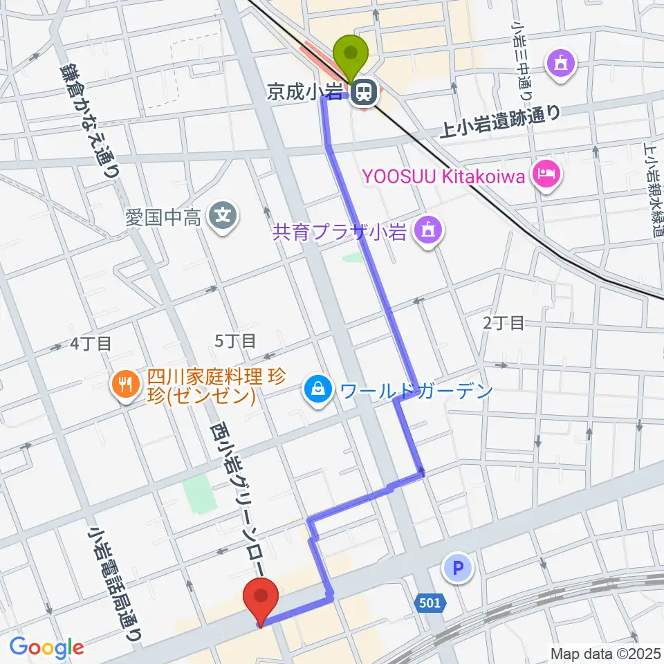 京成小岩駅からオルフェウスレコーディングスタジオ小岩店へのルートマップ地図