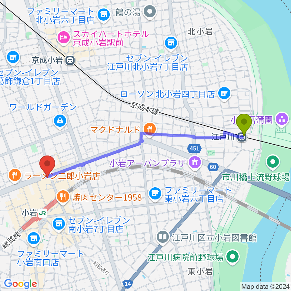 江戸川駅からオルフェウスレコーディングスタジオ小岩店へのルートマップ地図