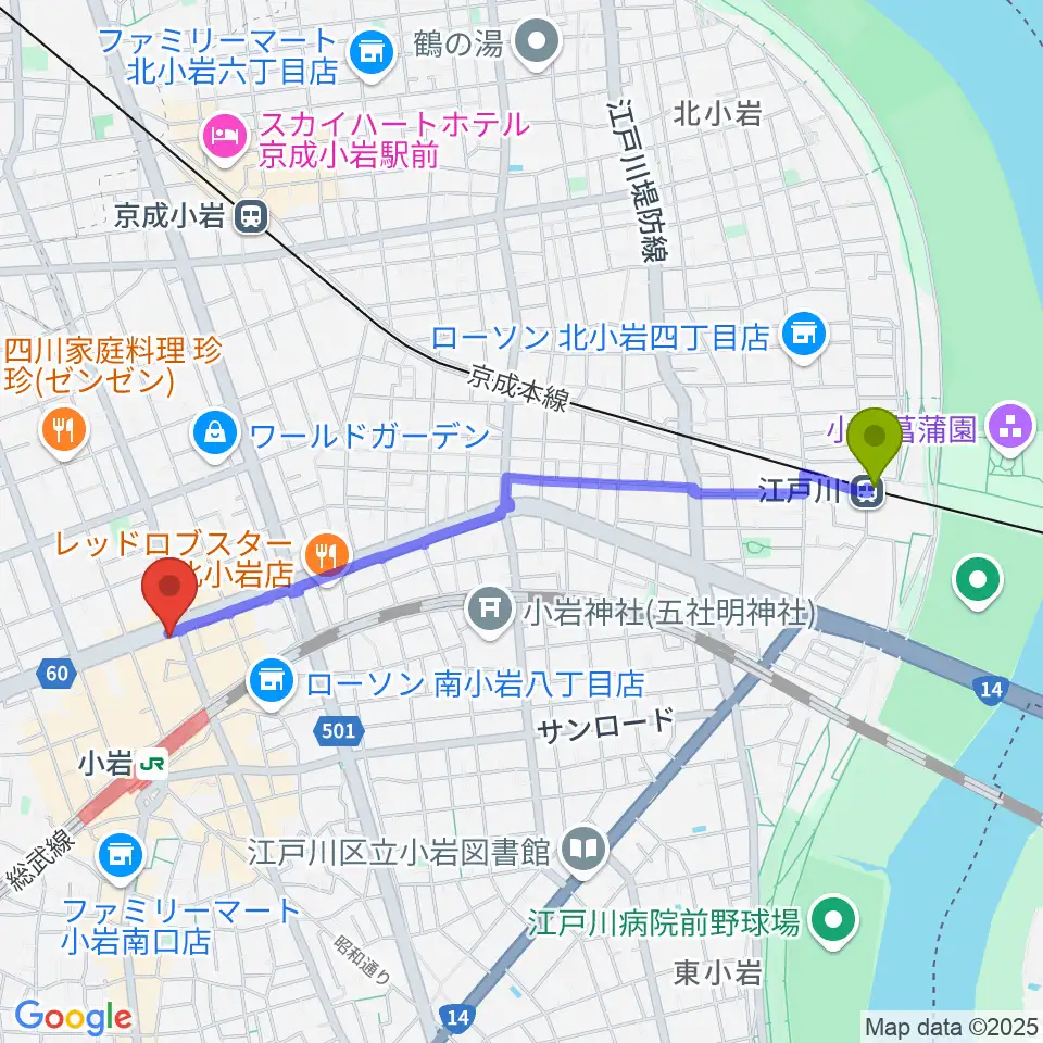 江戸川駅からオルフェウスレコーディングスタジオ小岩店へのルートマップ地図