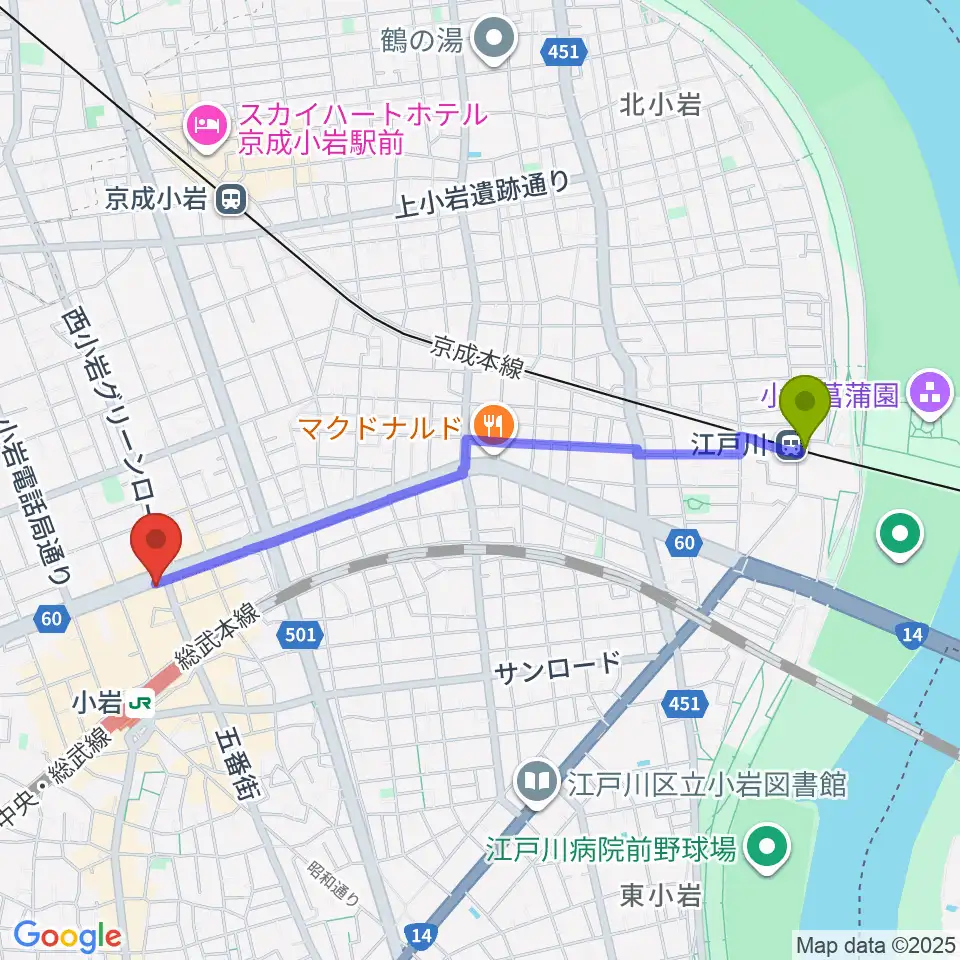 江戸川駅からオルフェウスレコーディングスタジオ小岩店へのルートマップ地図