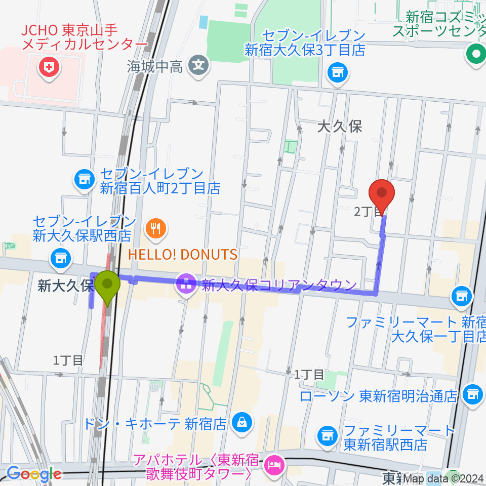 新大久保駅からフリーダムスタジオ インフィニティーへのルートマップ地図