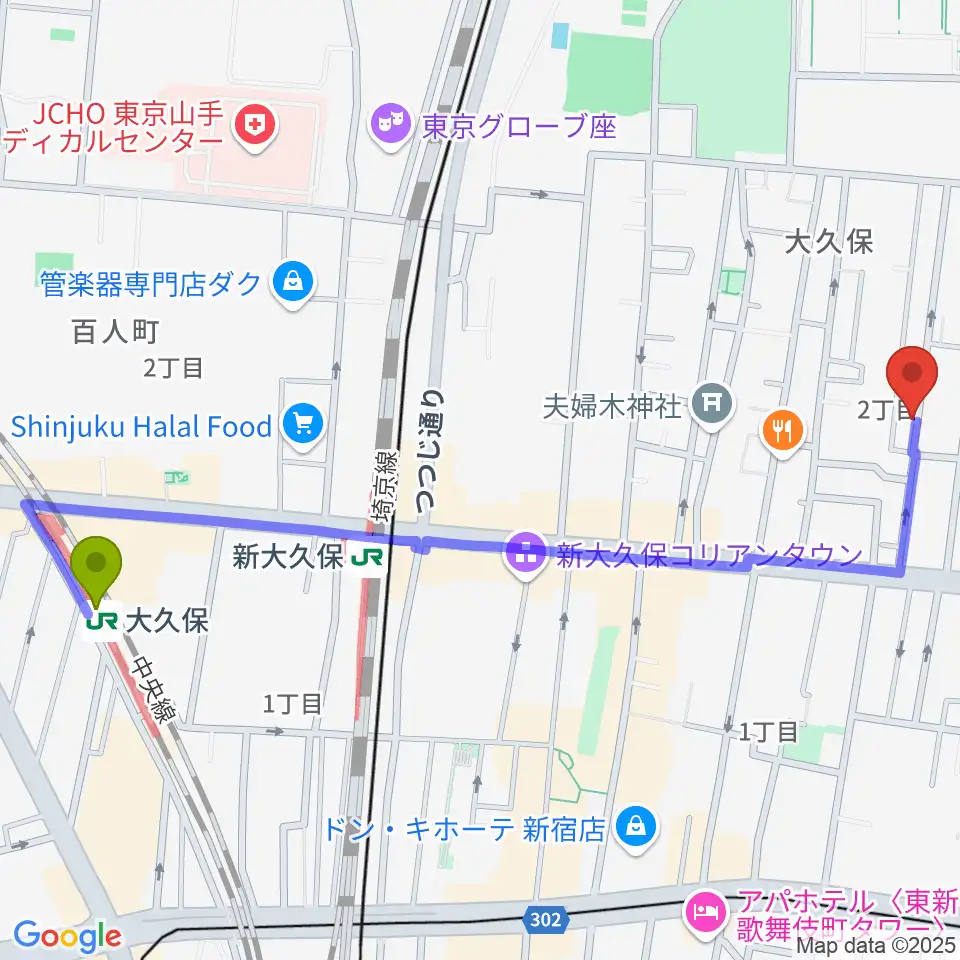 大久保駅からフリーダムスタジオ インフィニティーへのルートマップ地図