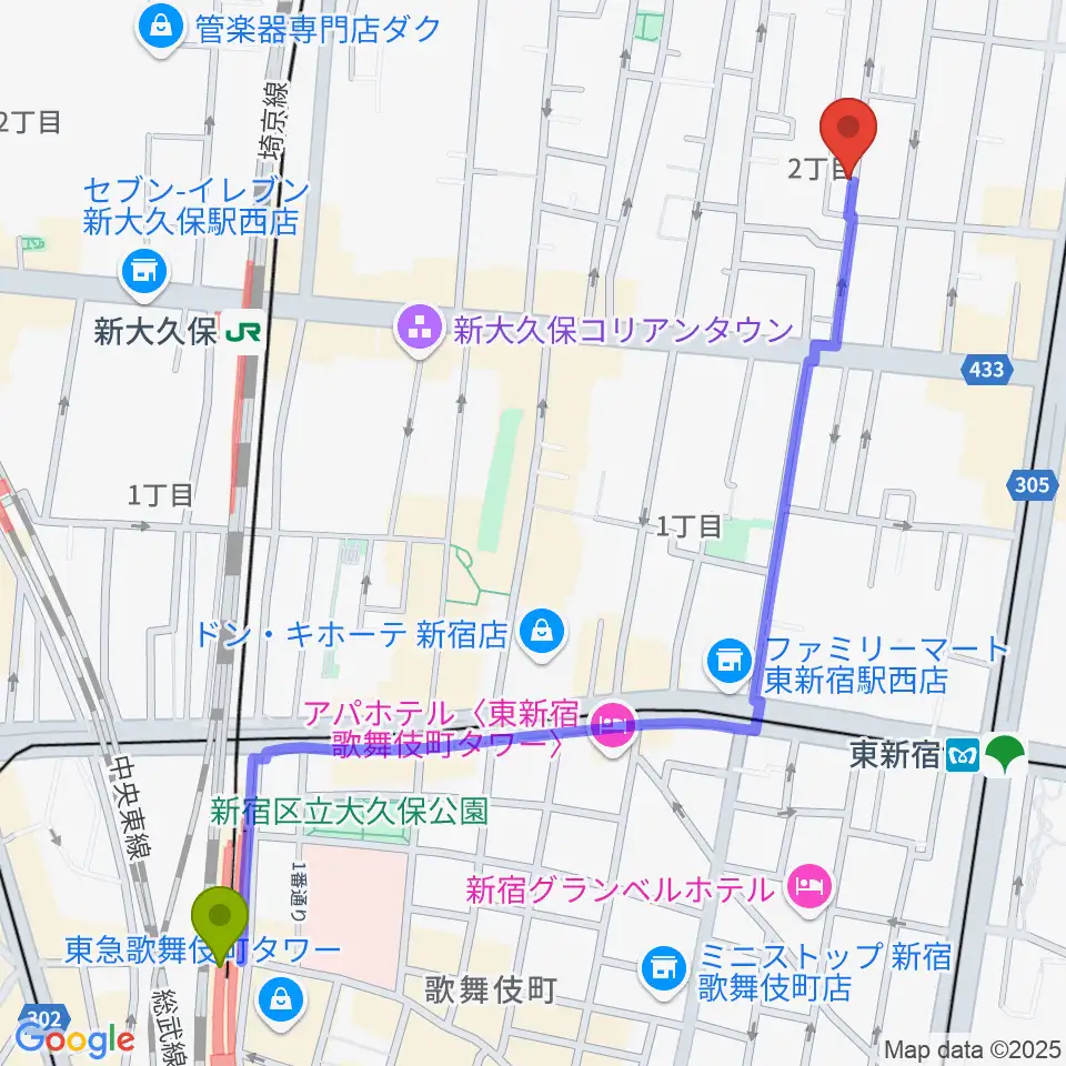 西武新宿駅からフリーダムスタジオ インフィニティーへのルートマップ地図