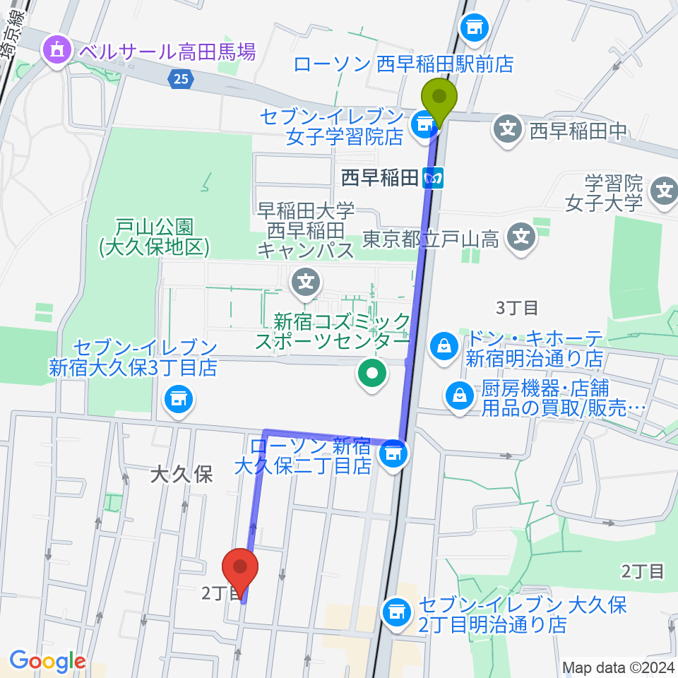 西早稲田駅からフリーダムスタジオ インフィニティーへのルートマップ地図