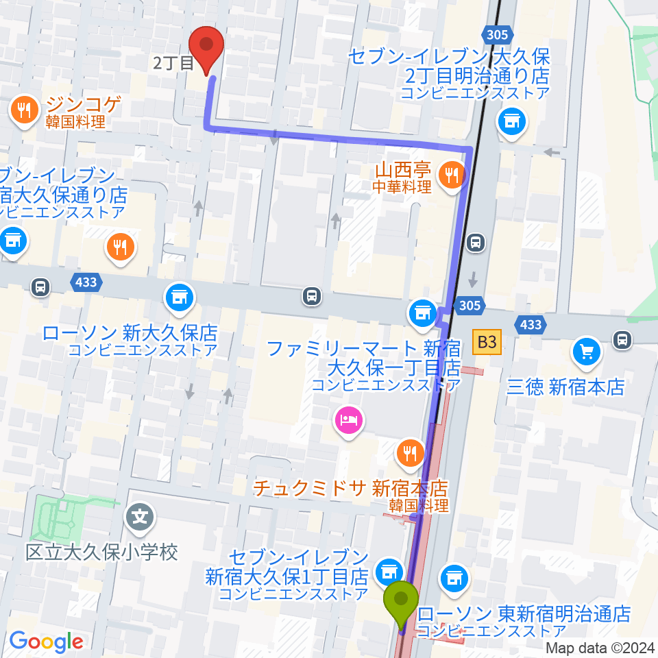 フリーダムスタジオ インフィニティーの最寄駅東新宿駅からの徒歩ルート（約7分）地図