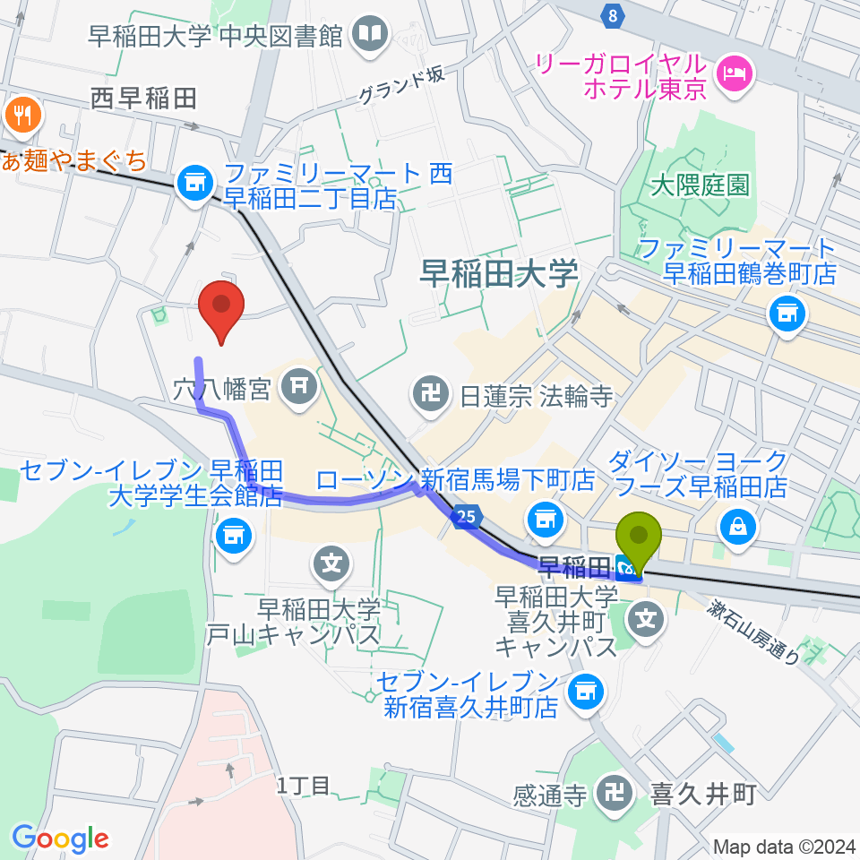 早稲田駅からアバコスタジオへのルートマップ地図