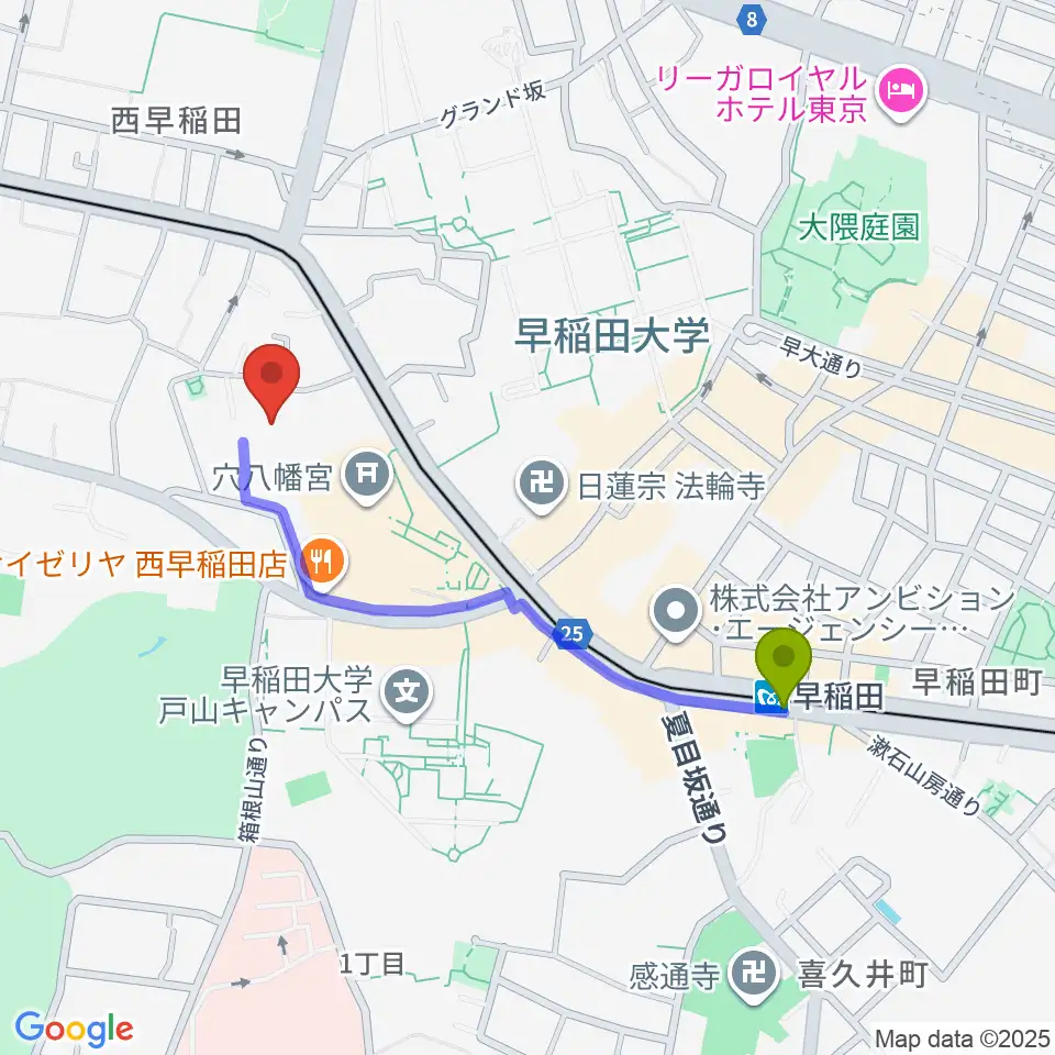 早稲田駅からアバコスタジオへのルートマップ地図