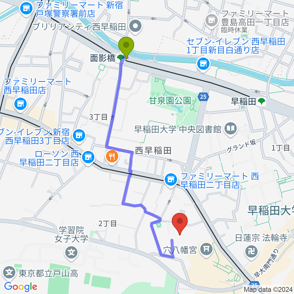 面影橋駅からアバコスタジオへのルートマップ地図