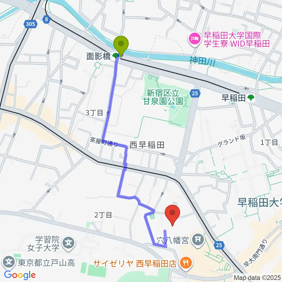 面影橋駅からアバコスタジオへのルートマップ地図