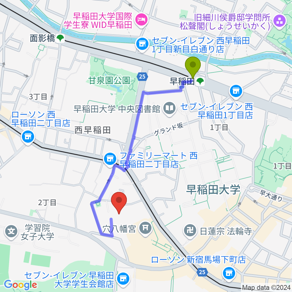 アバコスタジオの最寄駅早稲田駅からの徒歩ルート（約8分）地図