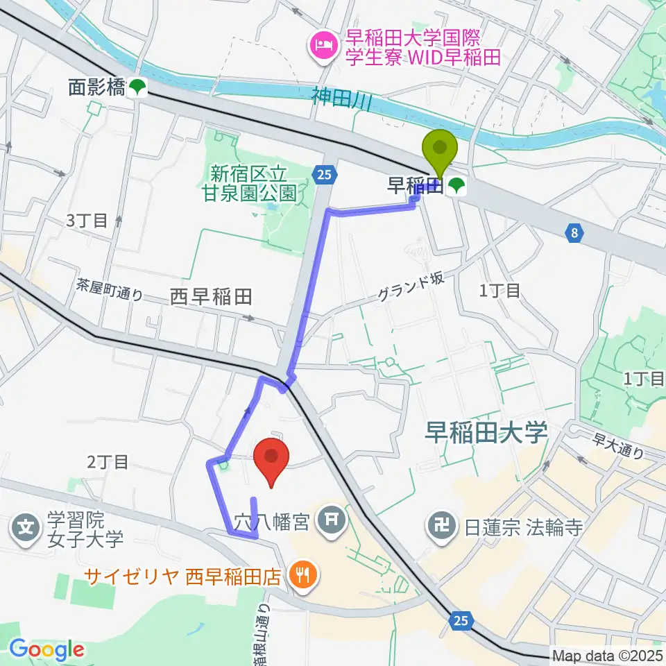 アバコスタジオの最寄駅早稲田駅からの徒歩ルート（約8分）地図