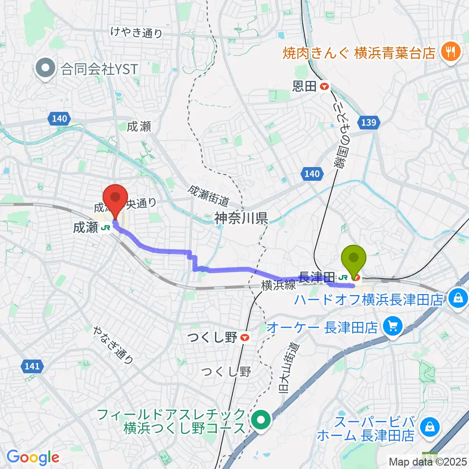 長津田駅からスタジオSOPIC 町田市JR成瀬駅前店へのルートマップ地図