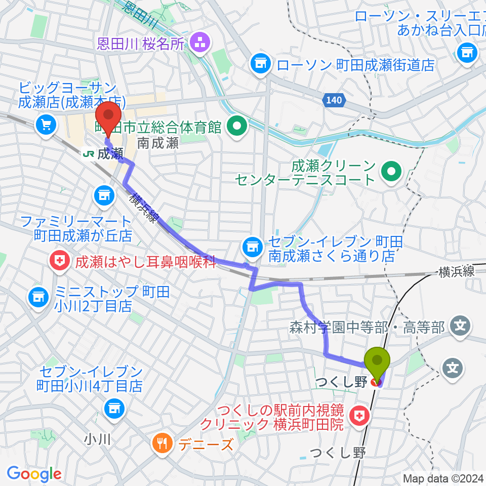 つくし野駅からスタジオSOPIC 町田市JR成瀬駅前店へのルートマップ地図