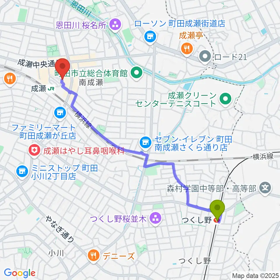 つくし野駅からスタジオSOPIC 町田市JR成瀬駅前店へのルートマップ地図