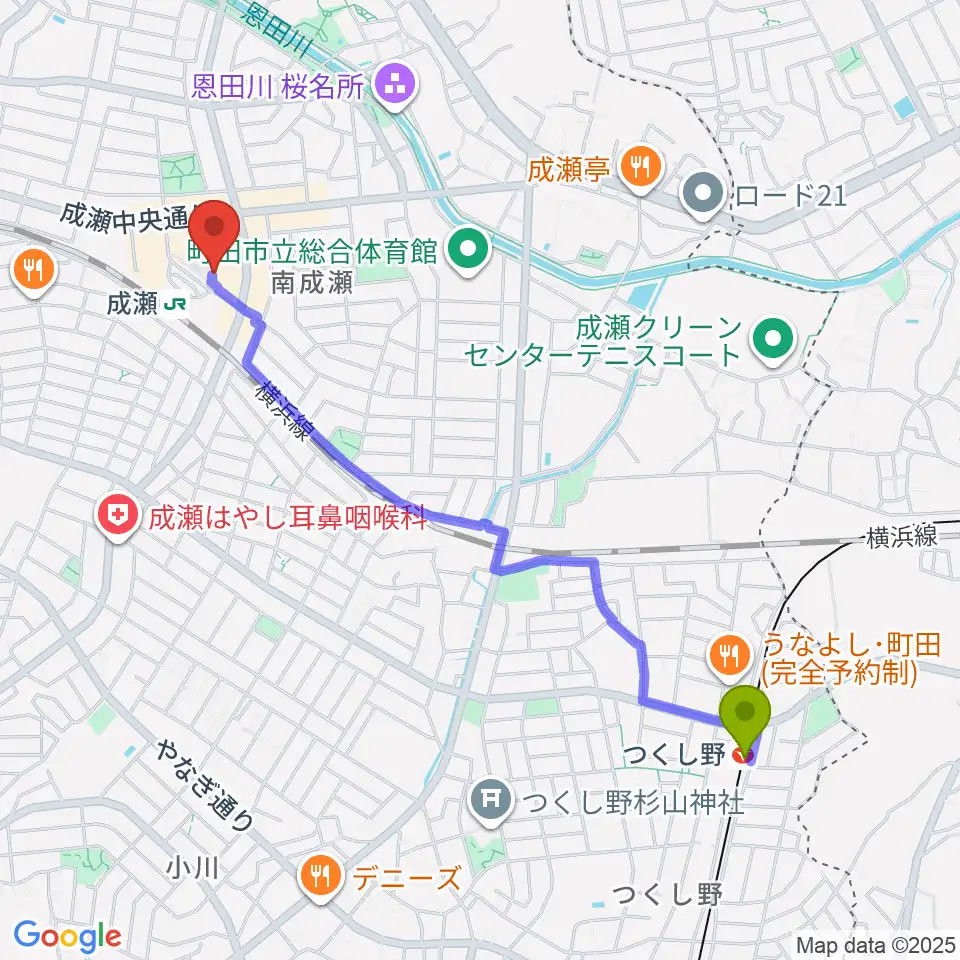 つくし野駅からスタジオSOPIC 町田市JR成瀬駅前店へのルートマップ地図