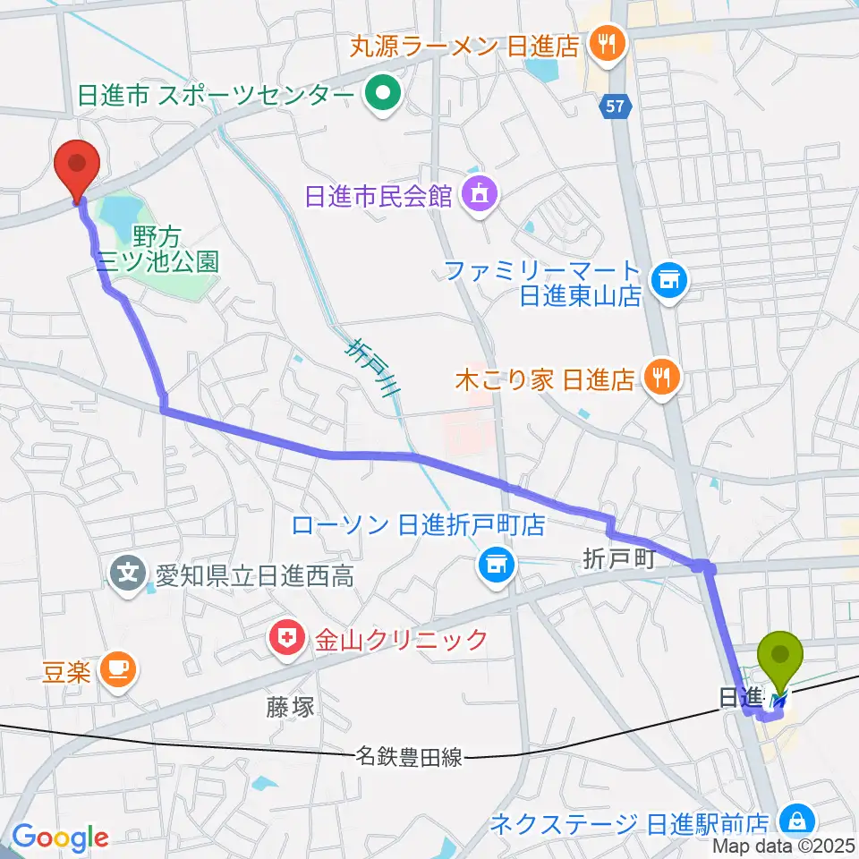 日進駅からトーンウッドギター工房へのルートマップ地図