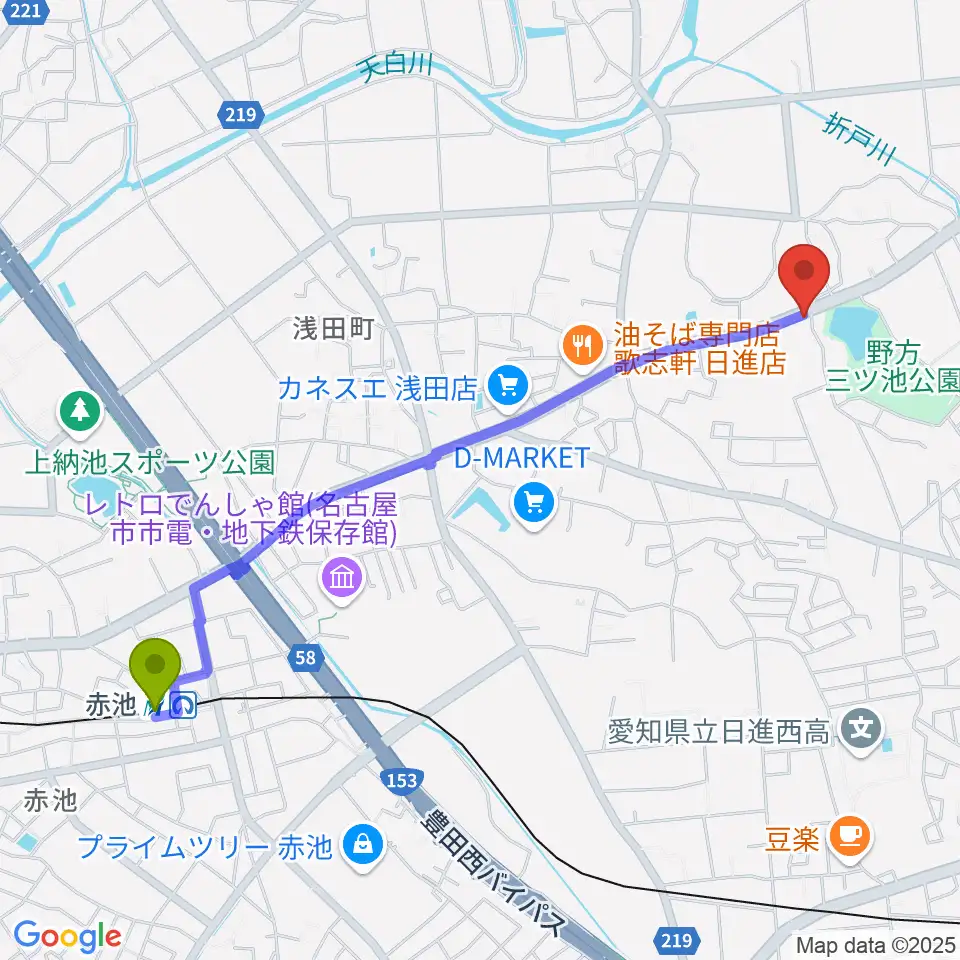 トーンウッドギター工房の最寄駅赤池駅からの徒歩ルート（約25分）地図