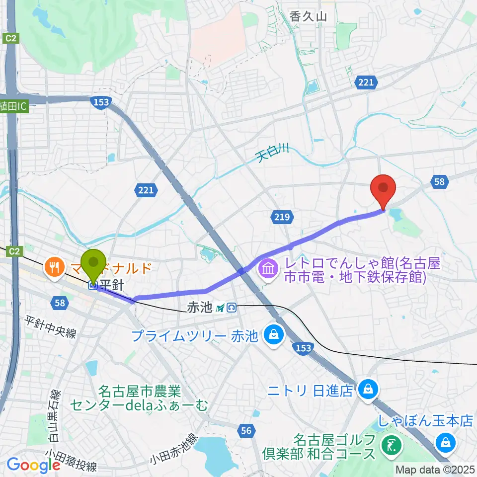 平針駅からトーンウッドギター工房へのルートマップ地図