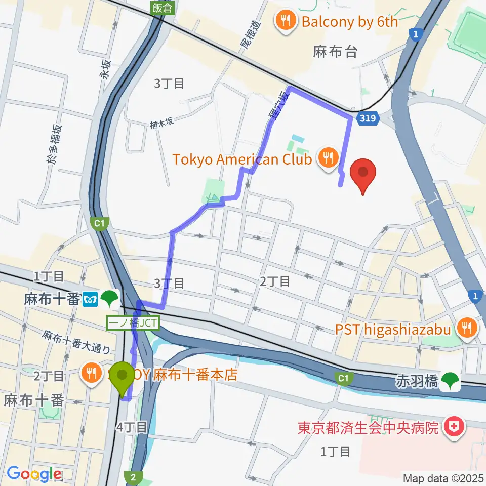 麻布十番駅からSoundCity サウンドシティへのルートマップ地図