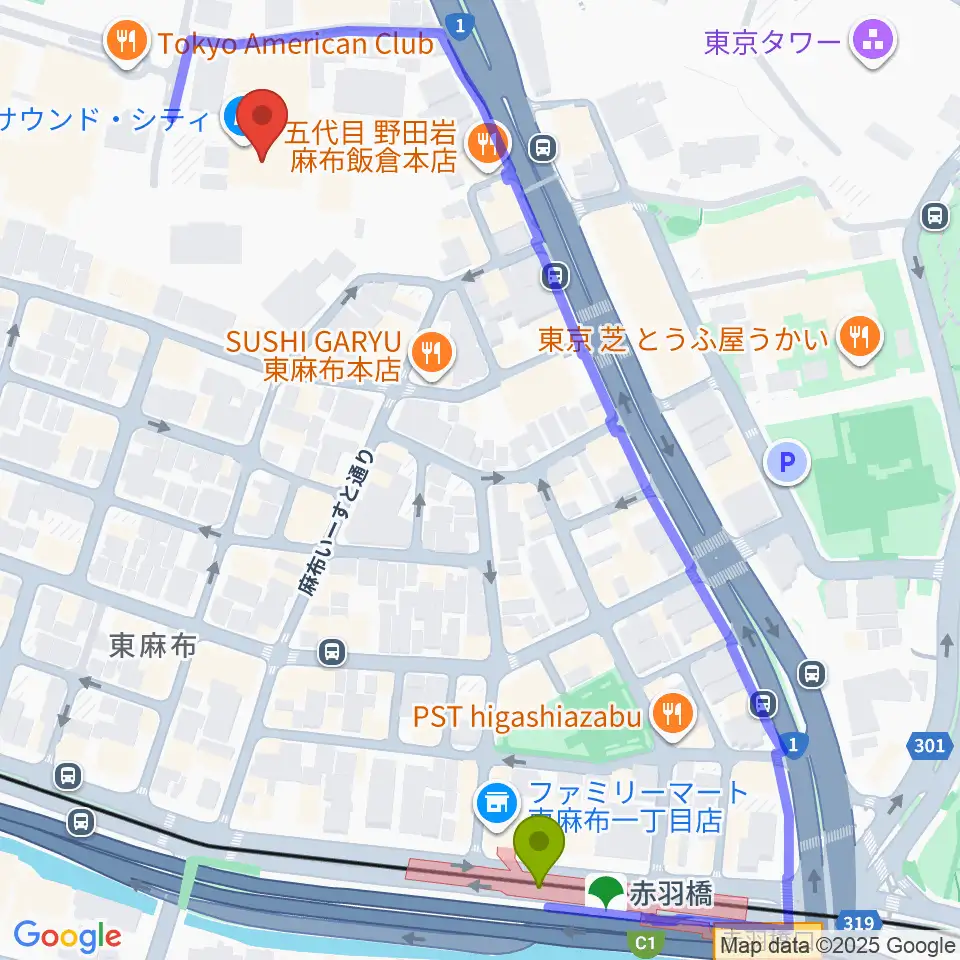 SoundCity サウンドシティの最寄駅赤羽橋駅からの徒歩ルート（約6分）地図