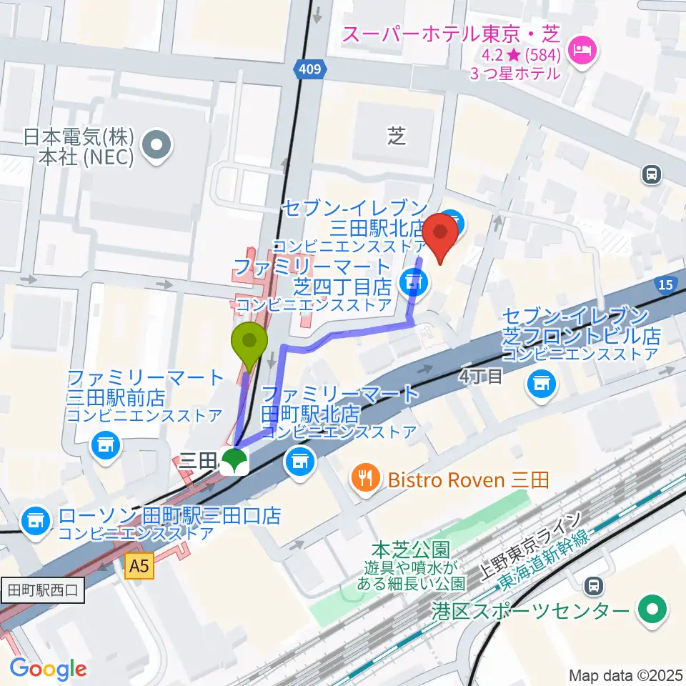 MIT STUDIOの最寄駅三田駅からの徒歩ルート（約2分）地図