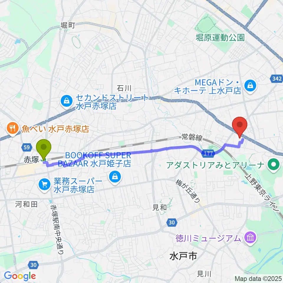 赤塚駅から自由が丘スタヂオへのルートマップ地図