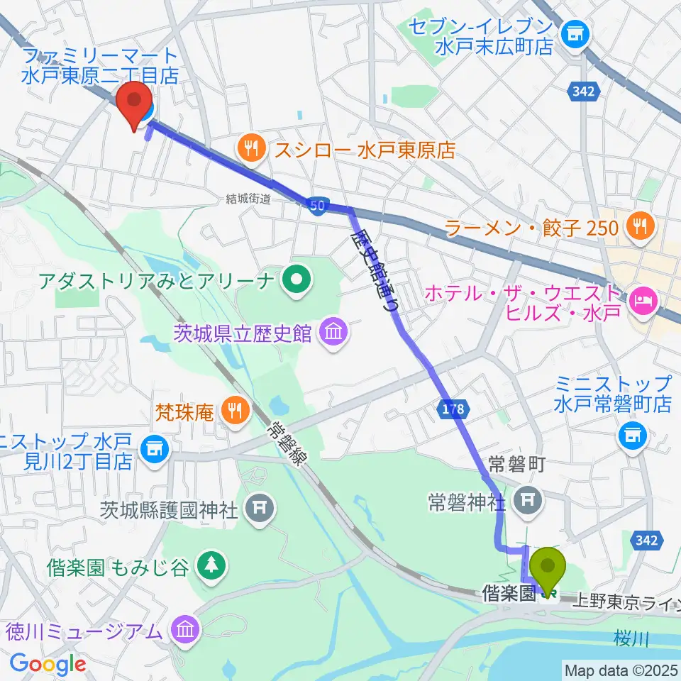 自由が丘スタヂオの最寄駅偕楽園駅からの徒歩ルート（約28分）地図