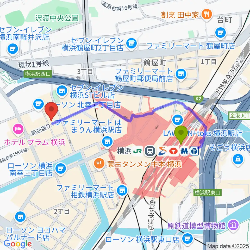 横浜センター ヤマハミュージックの最寄駅横浜駅からの徒歩ルート（約8分）地図