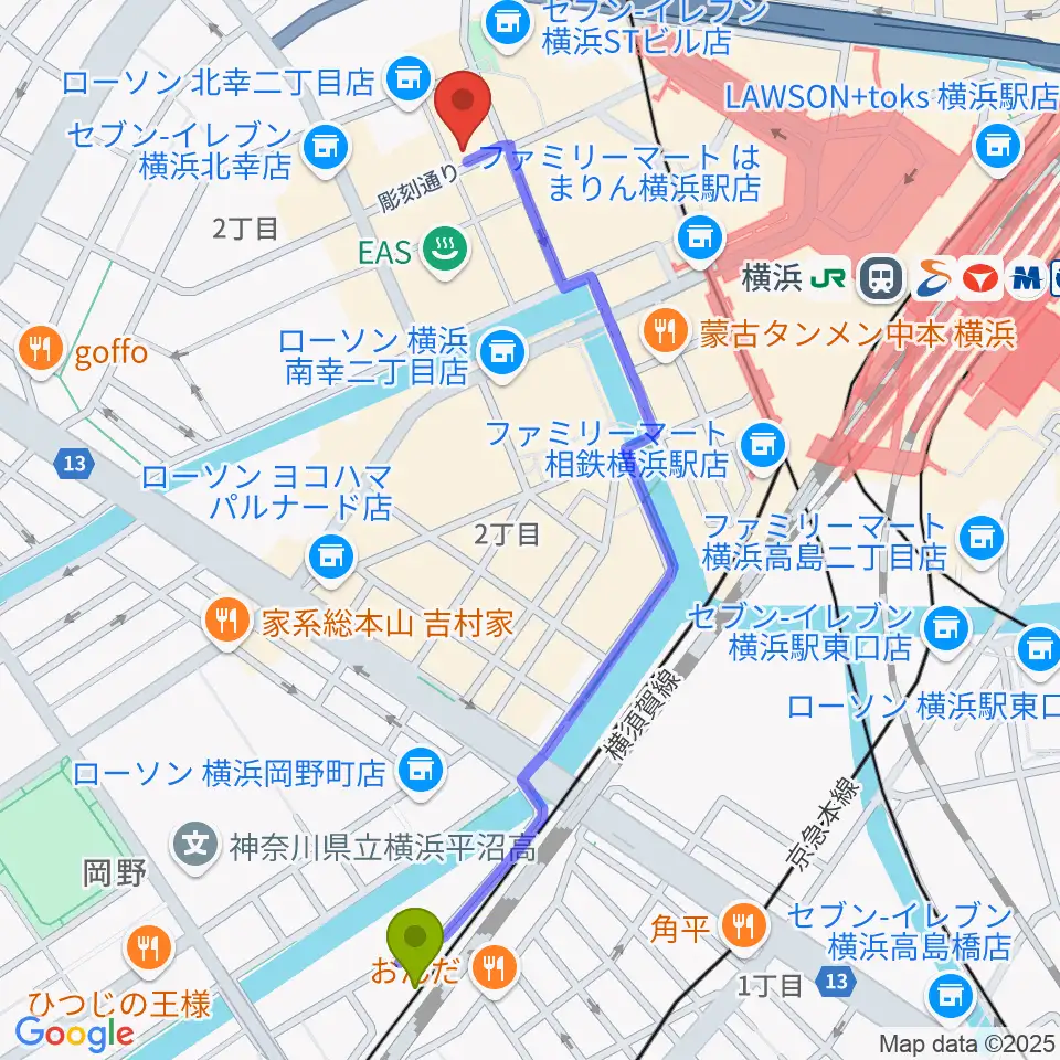 平沼橋駅から横浜センター ヤマハミュージックへのルートマップ地図