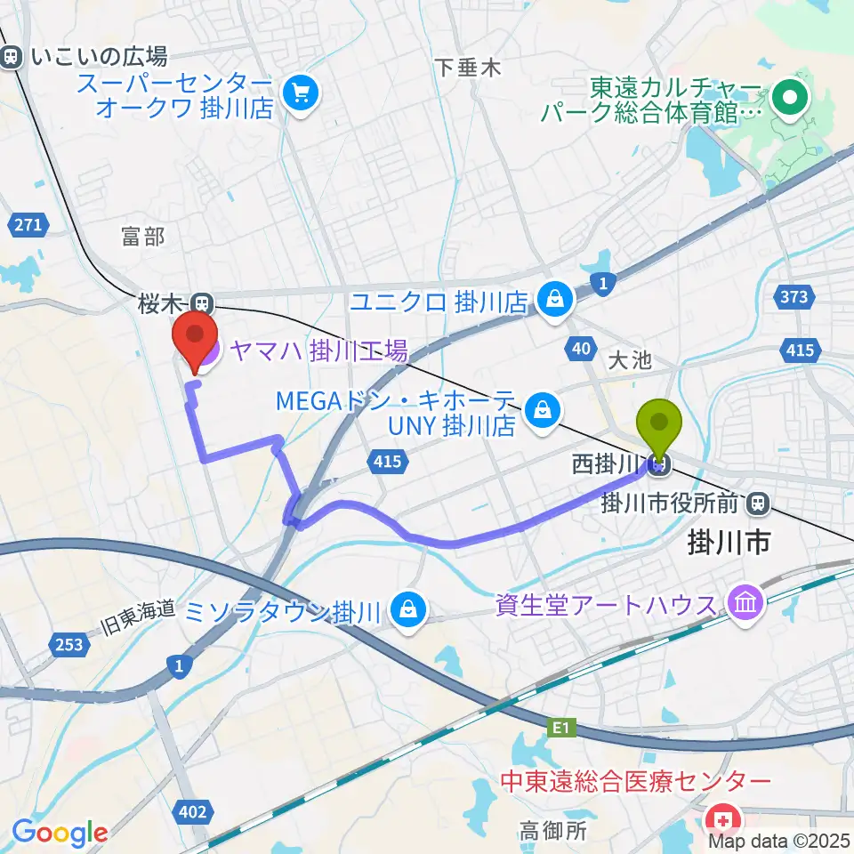 西掛川駅からヤマハピアノサービス掛川センターへのルートマップ地図