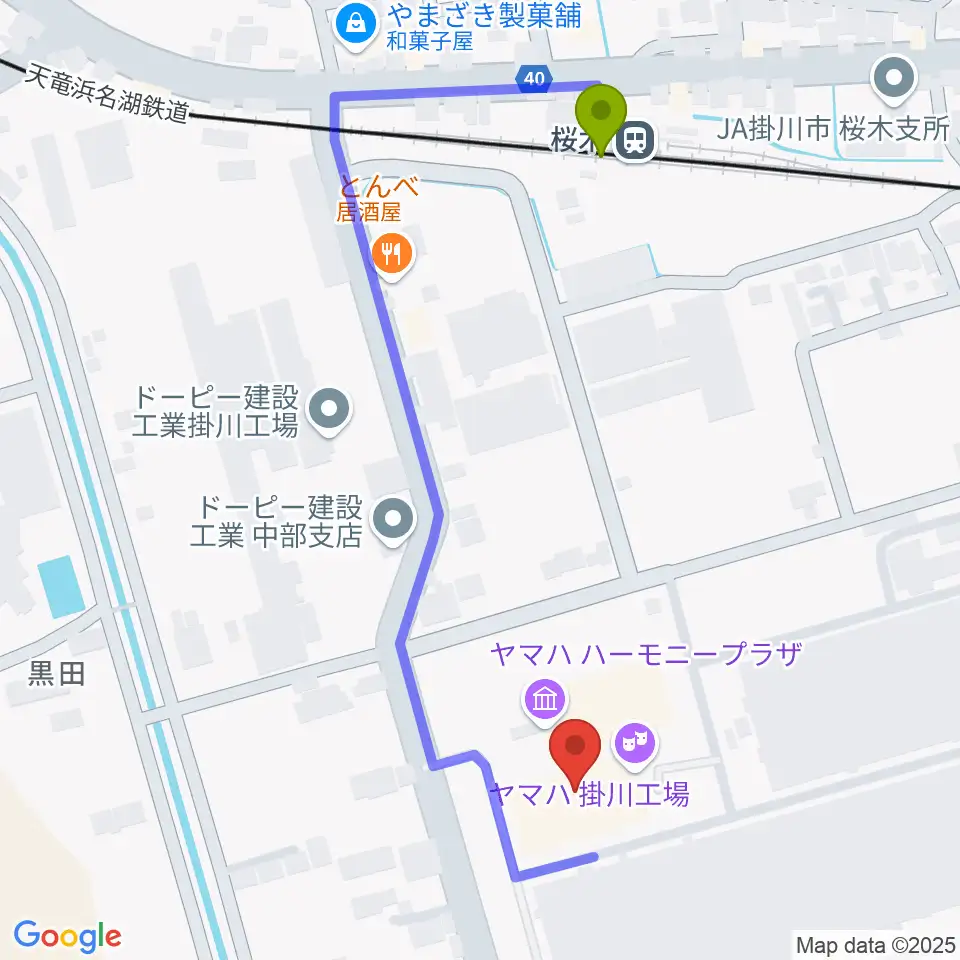 ヤマハピアノサービス掛川センターの最寄駅桜木駅からの徒歩ルート（約5分）地図