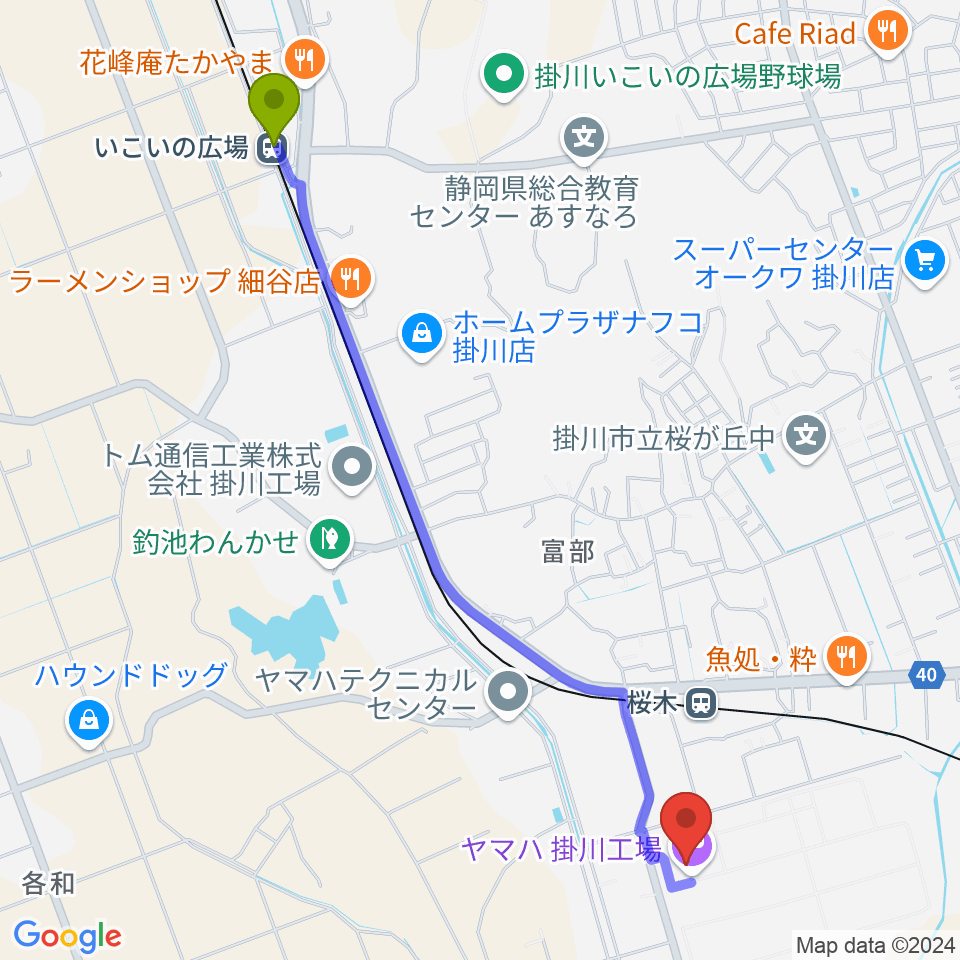 いこいの広場駅からヤマハピアノサービス掛川センターへのルートマップ地図