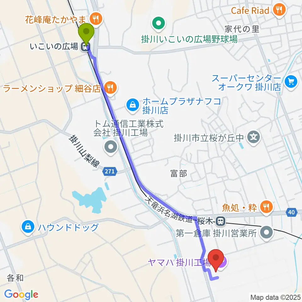 いこいの広場駅からヤマハピアノサービス掛川センターへのルートマップ地図