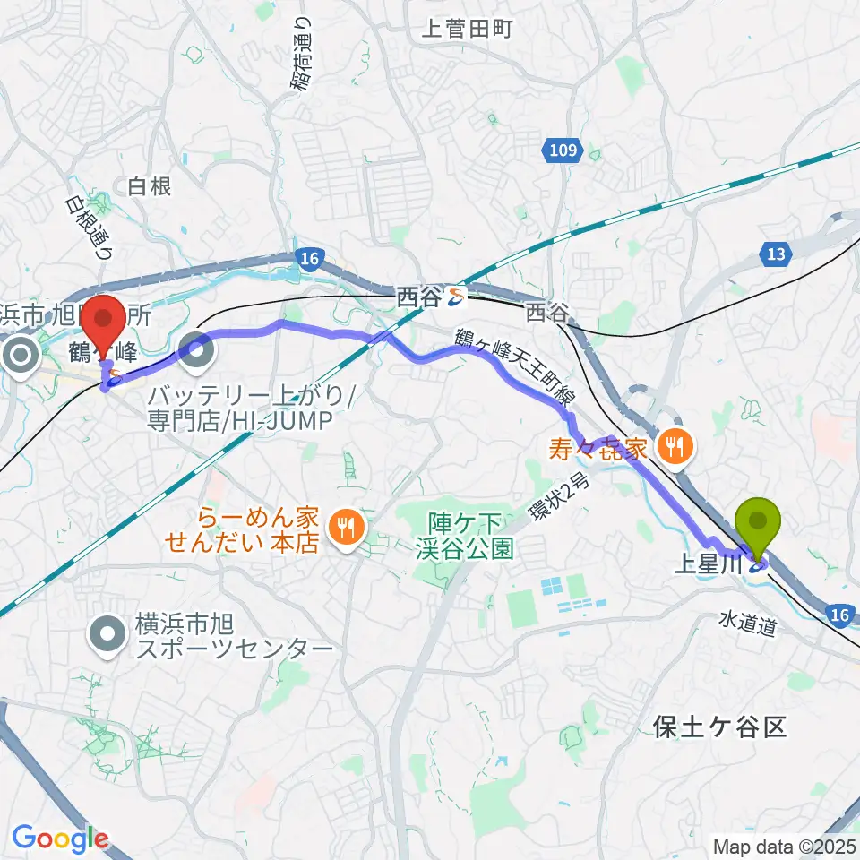 上星川駅から鶴ヶ峰センター ヤマハミュージックへのルートマップ地図