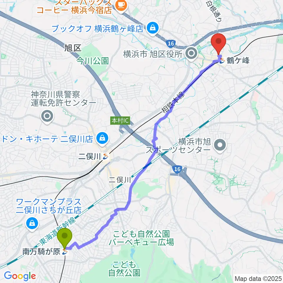 南万騎が原駅から鶴ヶ峰センター ヤマハミュージックへのルートマップ地図