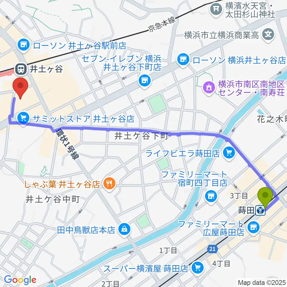 蒔田駅から井土ヶ谷センター ヤマハミュージックへのルートマップ地図