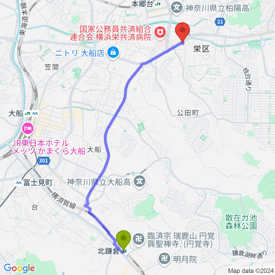 北鎌倉駅から本郷台センター ヤマハミュージックへのルートマップ Mdata