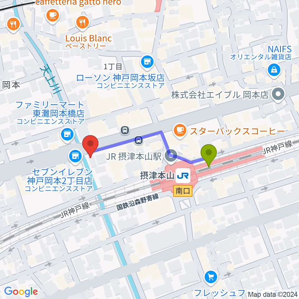 B-Westの最寄駅摂津本山駅からの徒歩ルート（約3分）地図