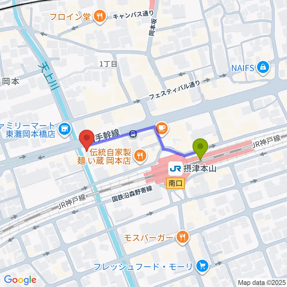 B-Westの最寄駅摂津本山駅からの徒歩ルート（約3分）地図