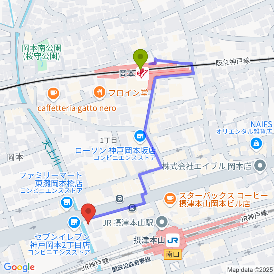 岡本駅からB-Westへのルートマップ地図