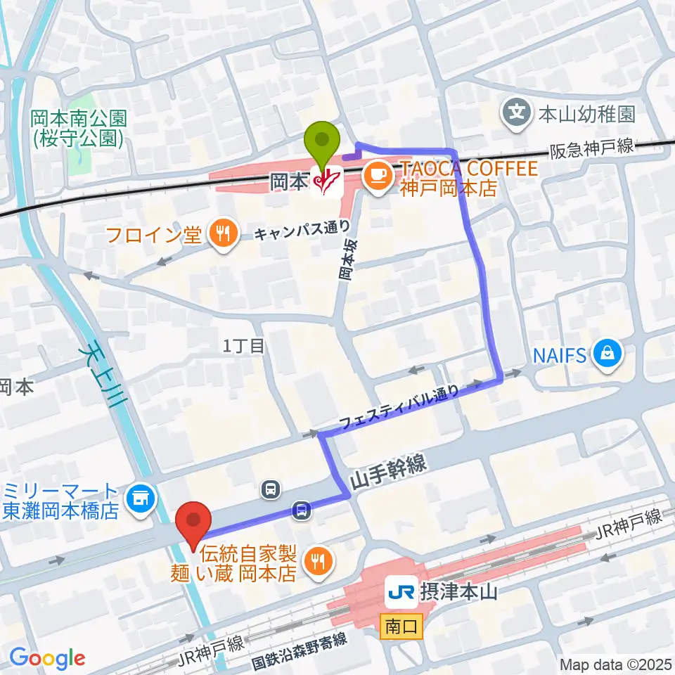 岡本駅からB-Westへのルートマップ地図