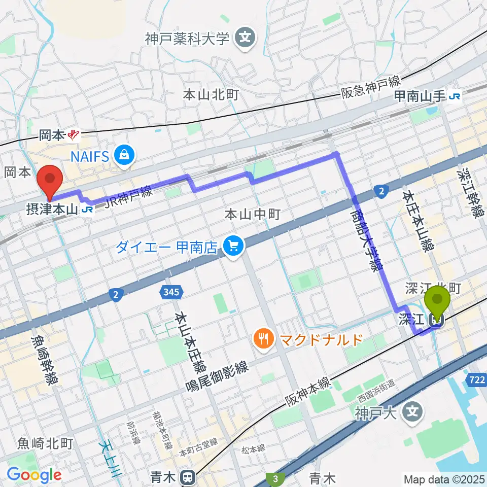 深江駅からB-Westへのルートマップ地図
