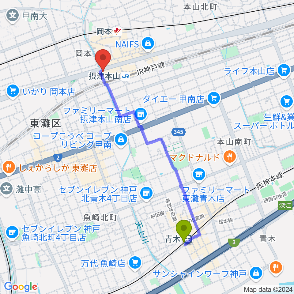 青木駅からB-Westへのルートマップ地図