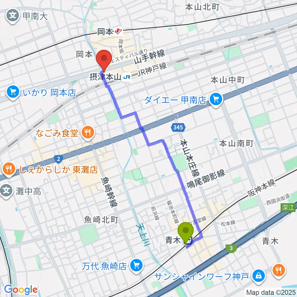 青木駅からB-Westへのルートマップ地図