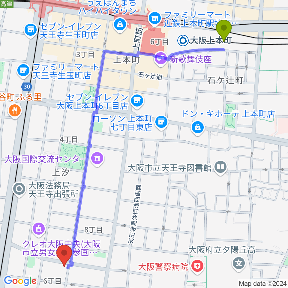 大阪上本町駅からプライウッドスタジオ ドラム教室へのルートマップ地図